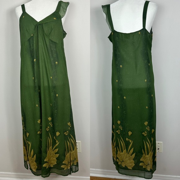 Vintage Magic Green Floral Ruffle Maxi Dress Babydoll Y2K Womens Size Large Boho - Picture 2 of 16